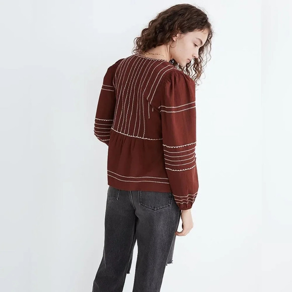 MADEWELL‎ Embroidered Faux Wrap Top in Rusted Burgundy - Picture 4 of 7
